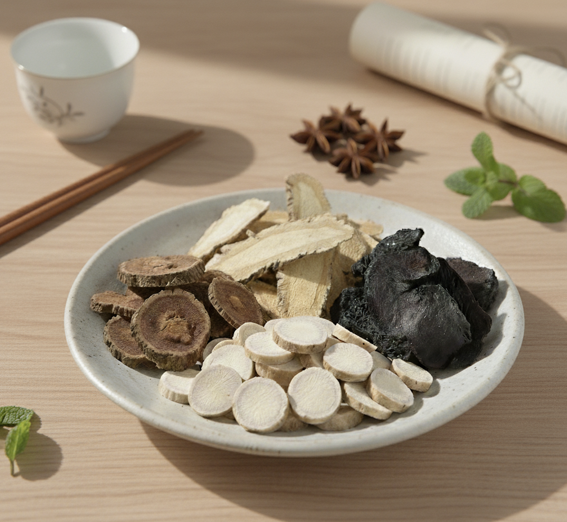 四物湯由當歸、川芎（主活血調經止痛）及白芍、熟地黃（主補血養陰滋腎）四味藥材組成，透過比例調整可達到活血與補血的平衡以發揮最佳調理效果。