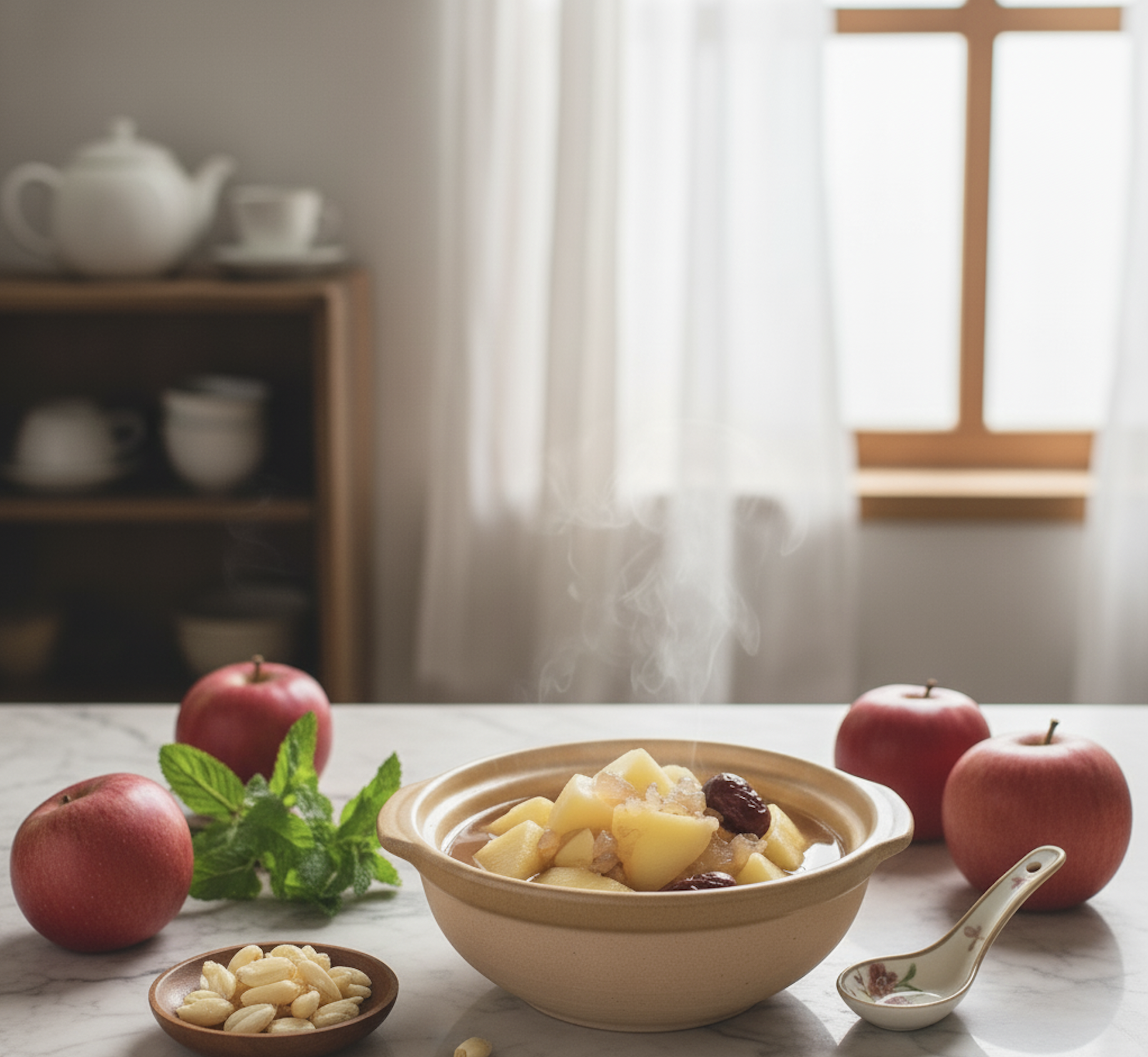 川貝燉蘋果是一道清甜不苦澀的中式養生甜品，將川貝母與蘋果燉煮而成，具有潤肺止咳、化痰清熱的功效，特別適合秋冬乾燥時飲用。