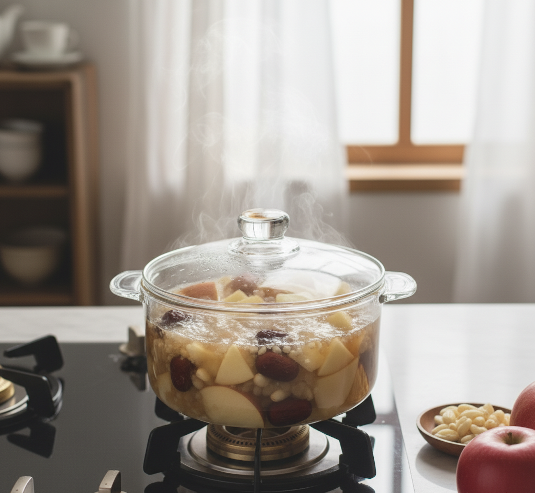 製作川貝燉蘋果的簡單 3 步驟是：準備蘋果盅、將川貝和冰糖填入後蓋好，最後隔水慢燉 30 至 60 分鐘至蘋果軟爛即可。