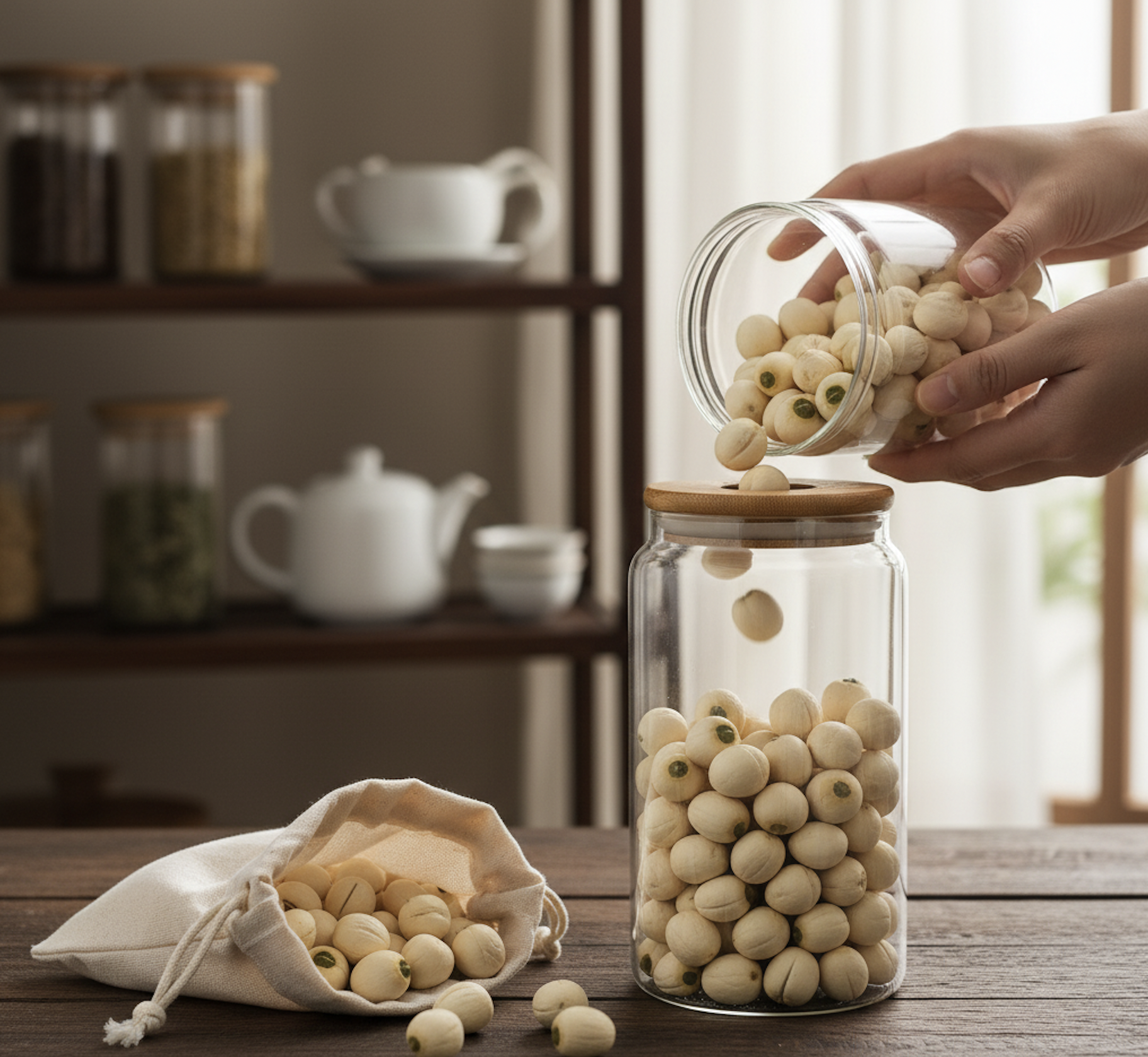 乾蓮子應密封存放於陰涼乾燥處(可放乾燥劑),而新鮮蓮子則應冷藏(約2~3天)或冷凍,並隨時檢查有無變質。