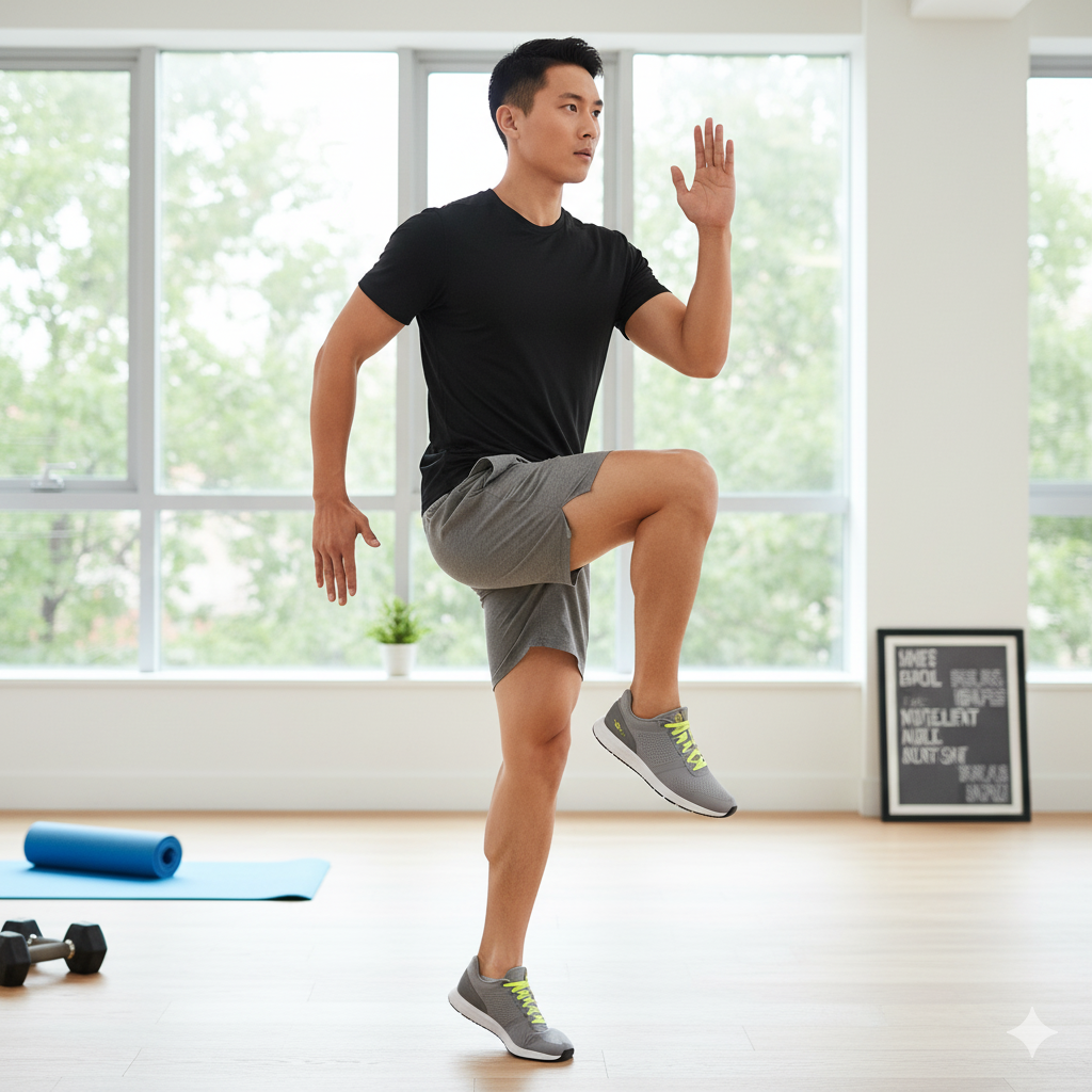 原地踏步（準備動作）： 雙臂大幅度前後擺動，雙腿盡可能抬高原地踏步，連續進行 20 次。