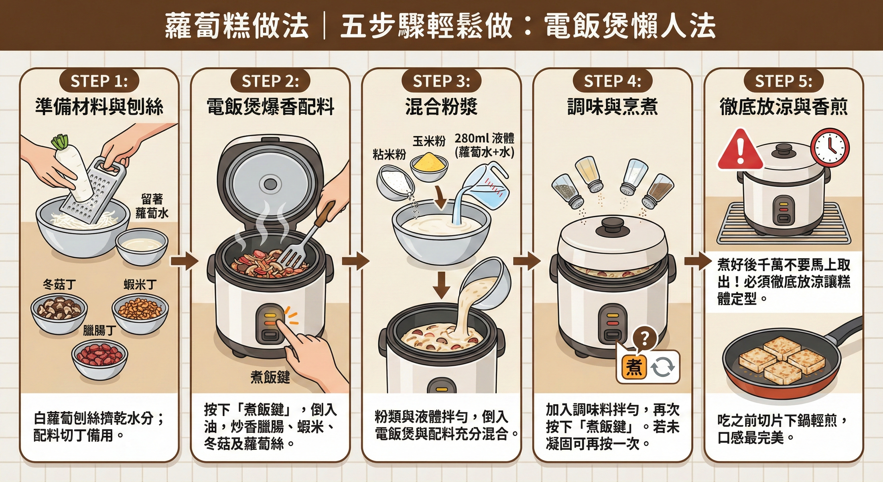 電飯煲製作蘿蔔糕的五步驟圖解:1. 準備白蘿蔔絲、冬菇丁、蝦米丁與臘腸丁;2. 使用電飯煲炒香配料;3. 混合粘米粉、玉米粉與液體後倒入電飯煲;4. 加入調味按『煮飯鍵』烹煮;5. 煮好後徹底放涼定型,最後切片香煎即可食用。