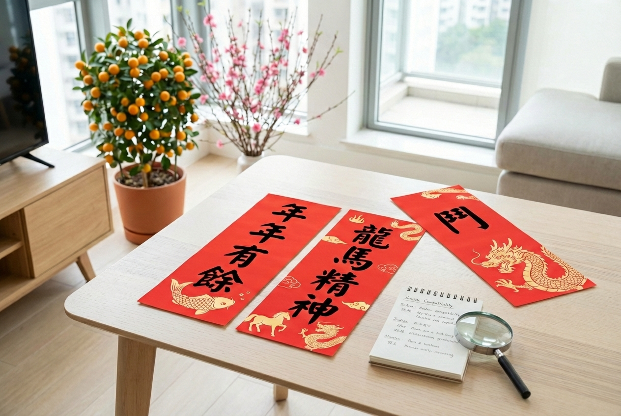 挑選揮春時要避開與家人生肖相沖的圖案或文字,並避免「滅」「絕」「鬥」等負面或諧音不吉利的字眼,以確保寓意吉祥。