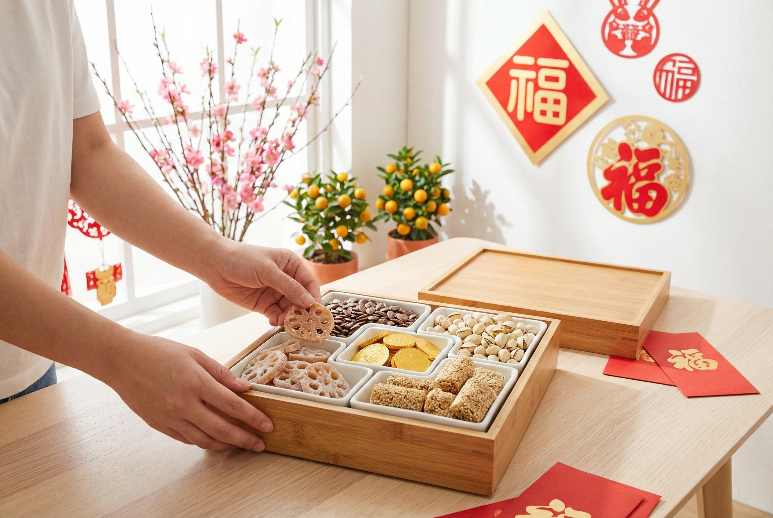 全盒源自魏晉「樏」，因「攢」諧音「全」而得名，寓意十全十美，既盛放吉祥甜食招待親友，也象徵團圓、好運與富足。