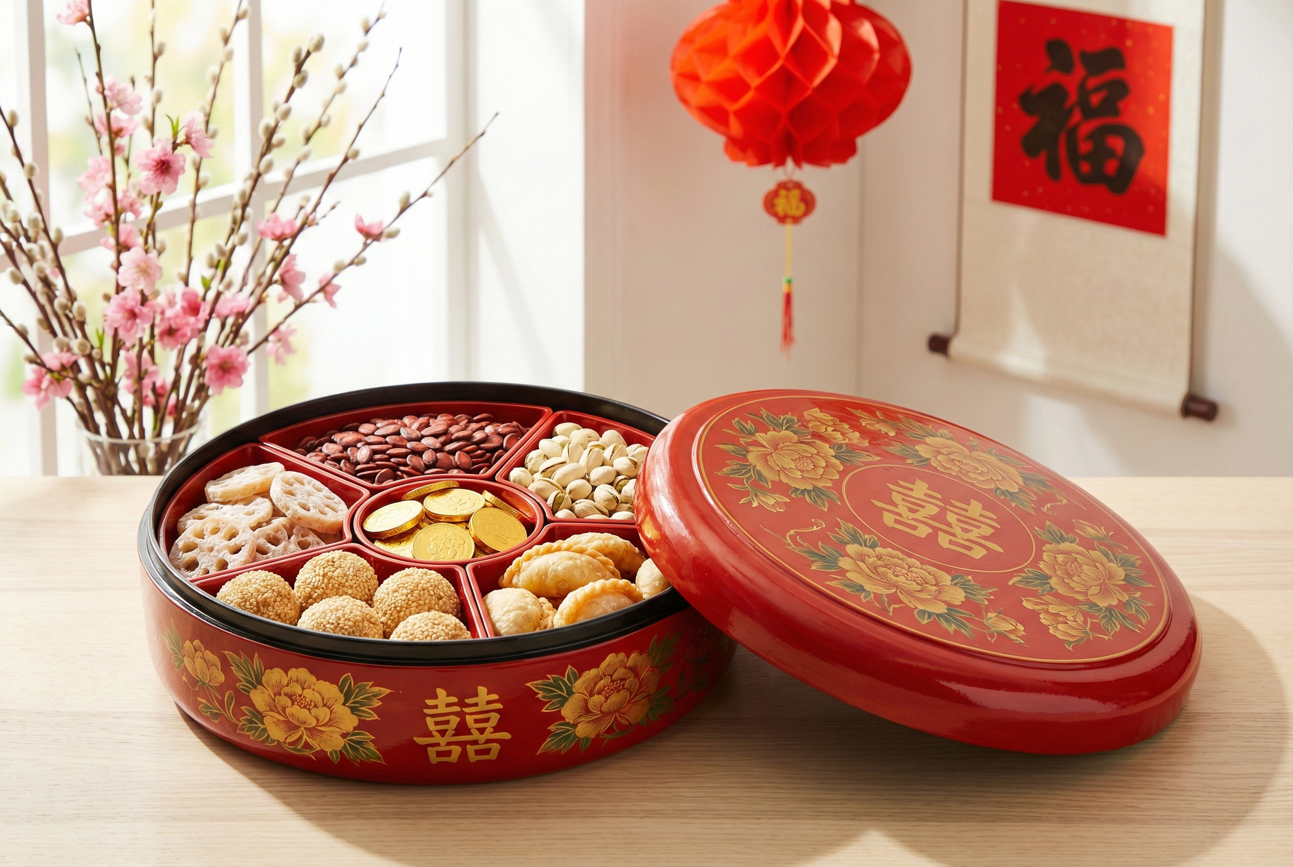 全盒宜選圓、方或八角形，搭配紅、金、黃等喜慶色，象徵團圓吉利與招財避邪，應避免三角形。