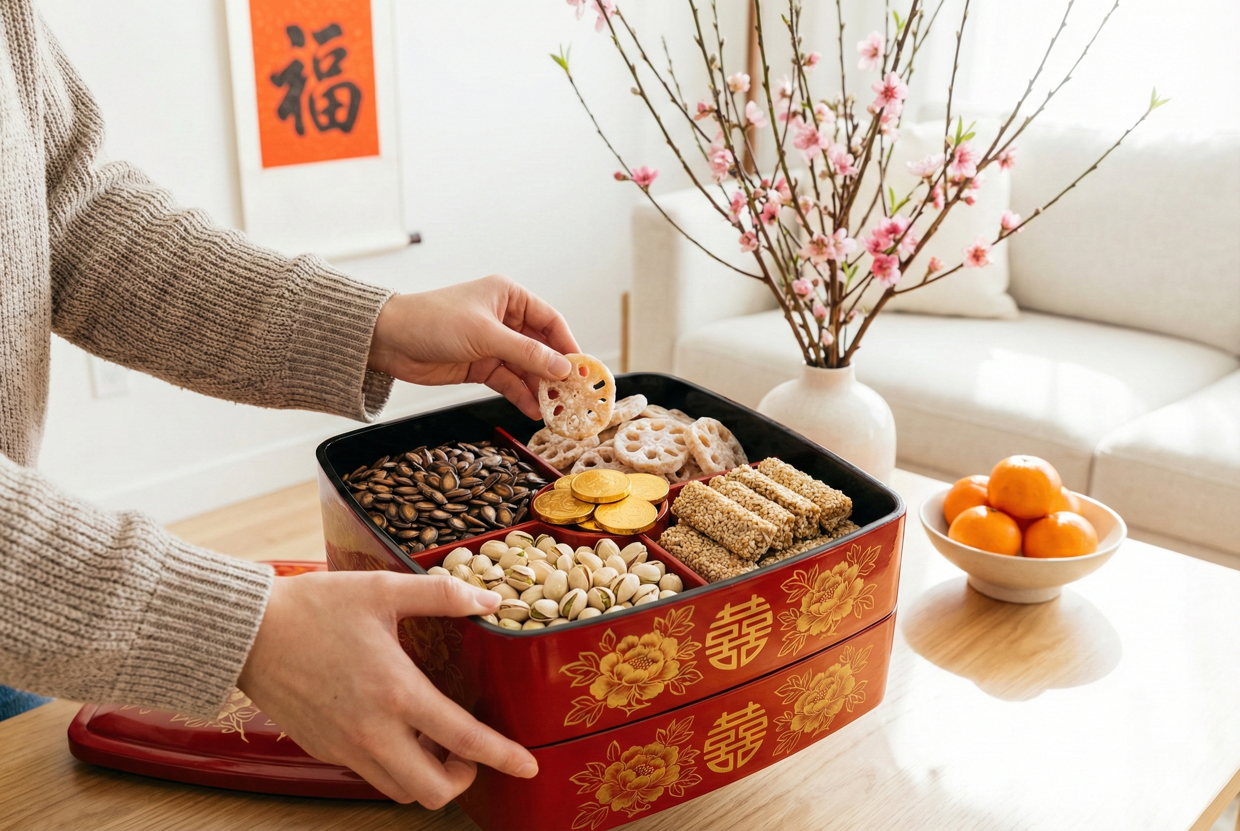 傳統漆盒因寓意「如膠似漆」幸福美滿，不僅美觀，也最能增添全盒的吉祥氛圍。