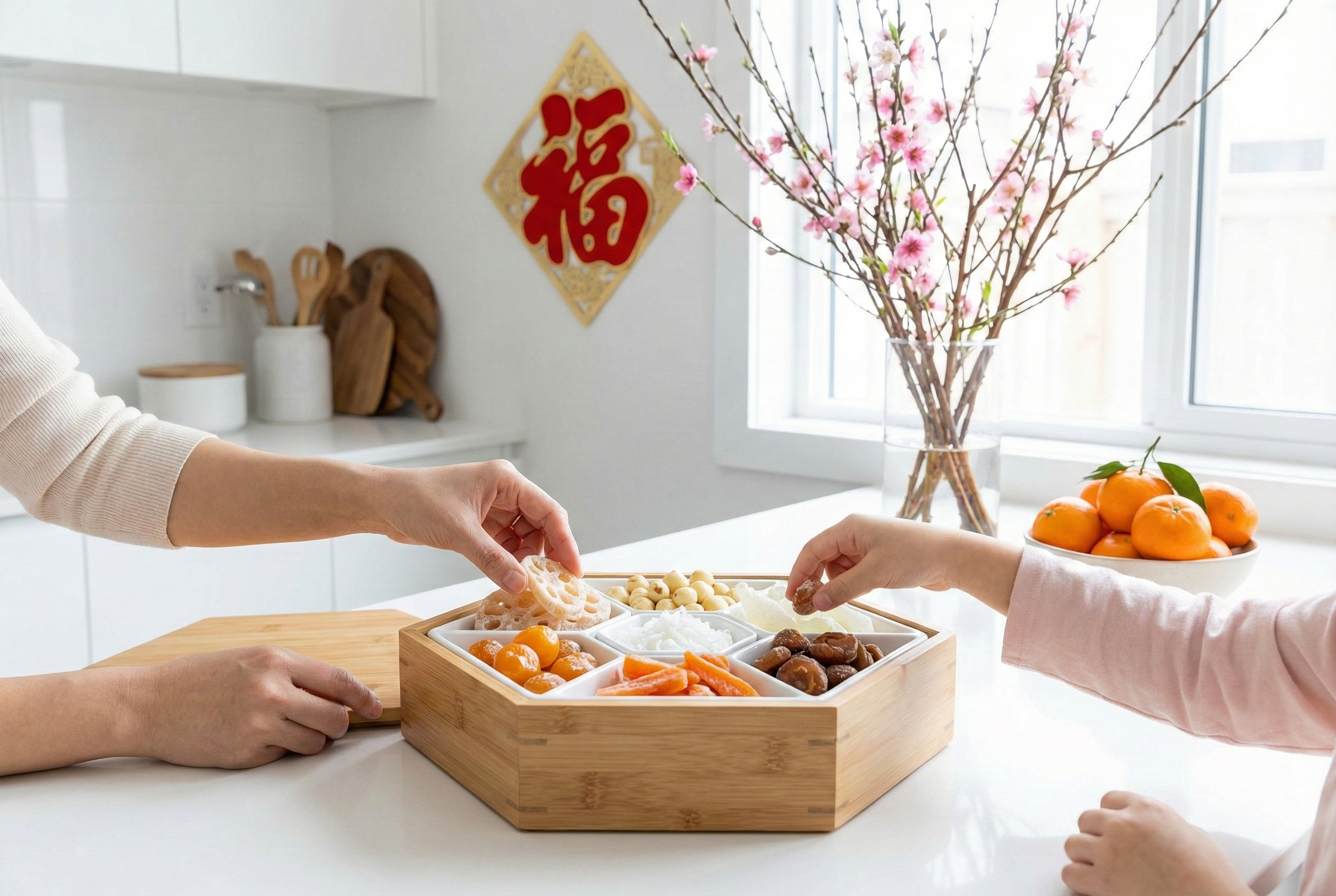 全盒八甜如紅瓜子、糖蓮藕、糖蓮子等，各具吉祥寓意，象徵財運、團圓、活力與幸福，讓新年充滿祝福。