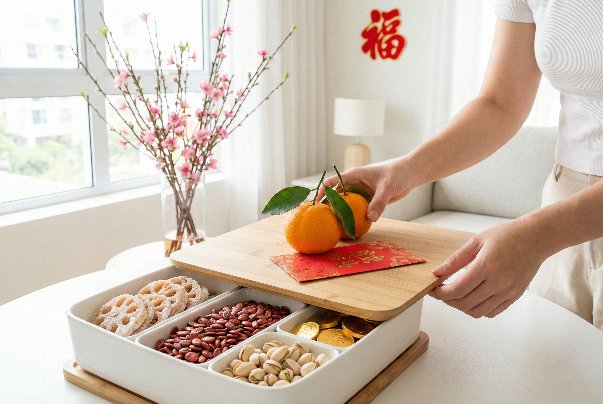 全盒宜將利是置於上層，用帶葉柑桔壓住，象徵平安、家族興旺與吉祥如意。