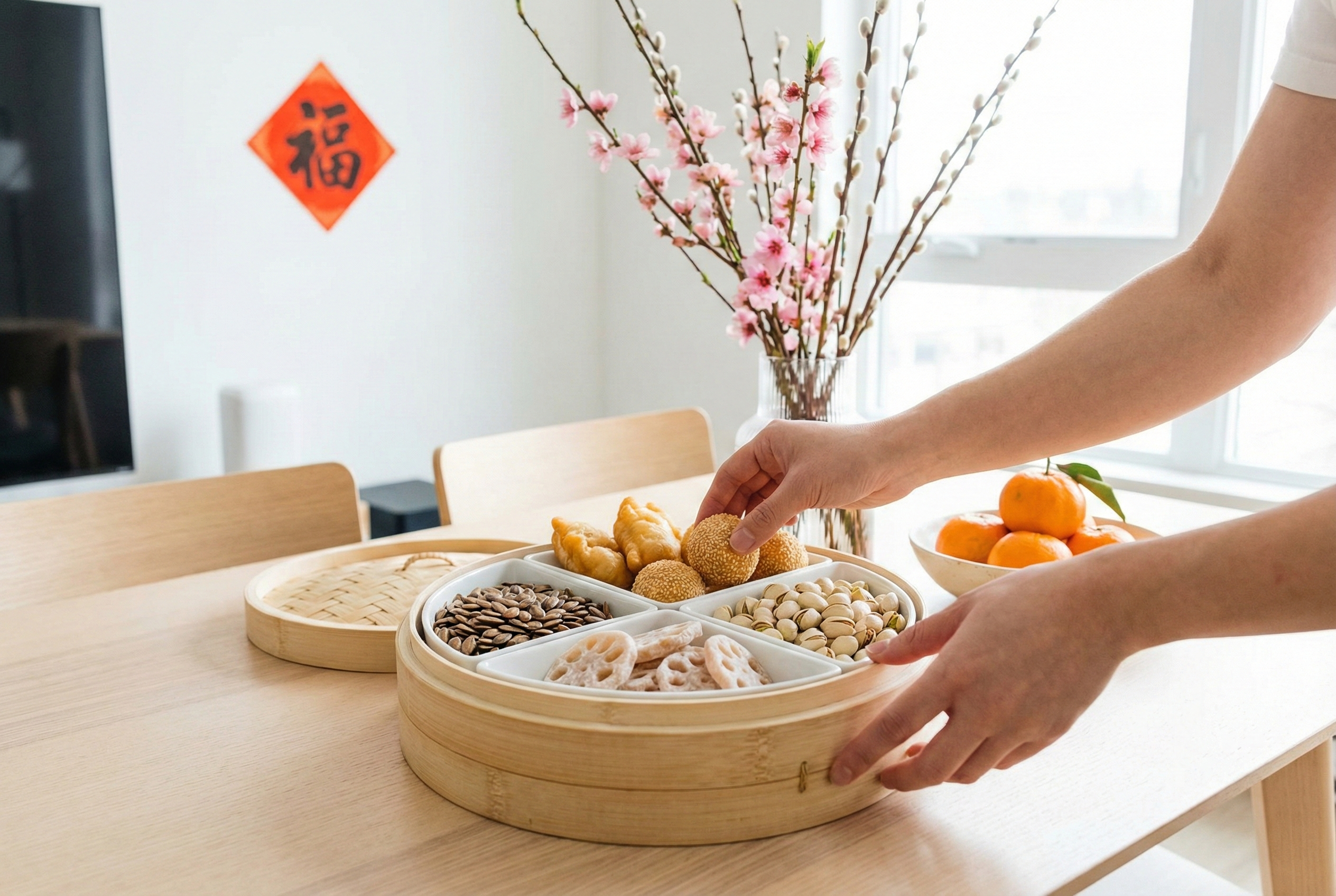 全盒可加入油角、笑口棗與煎堆，象徵富貴滿袋、笑口常開與圓滿吉祥。