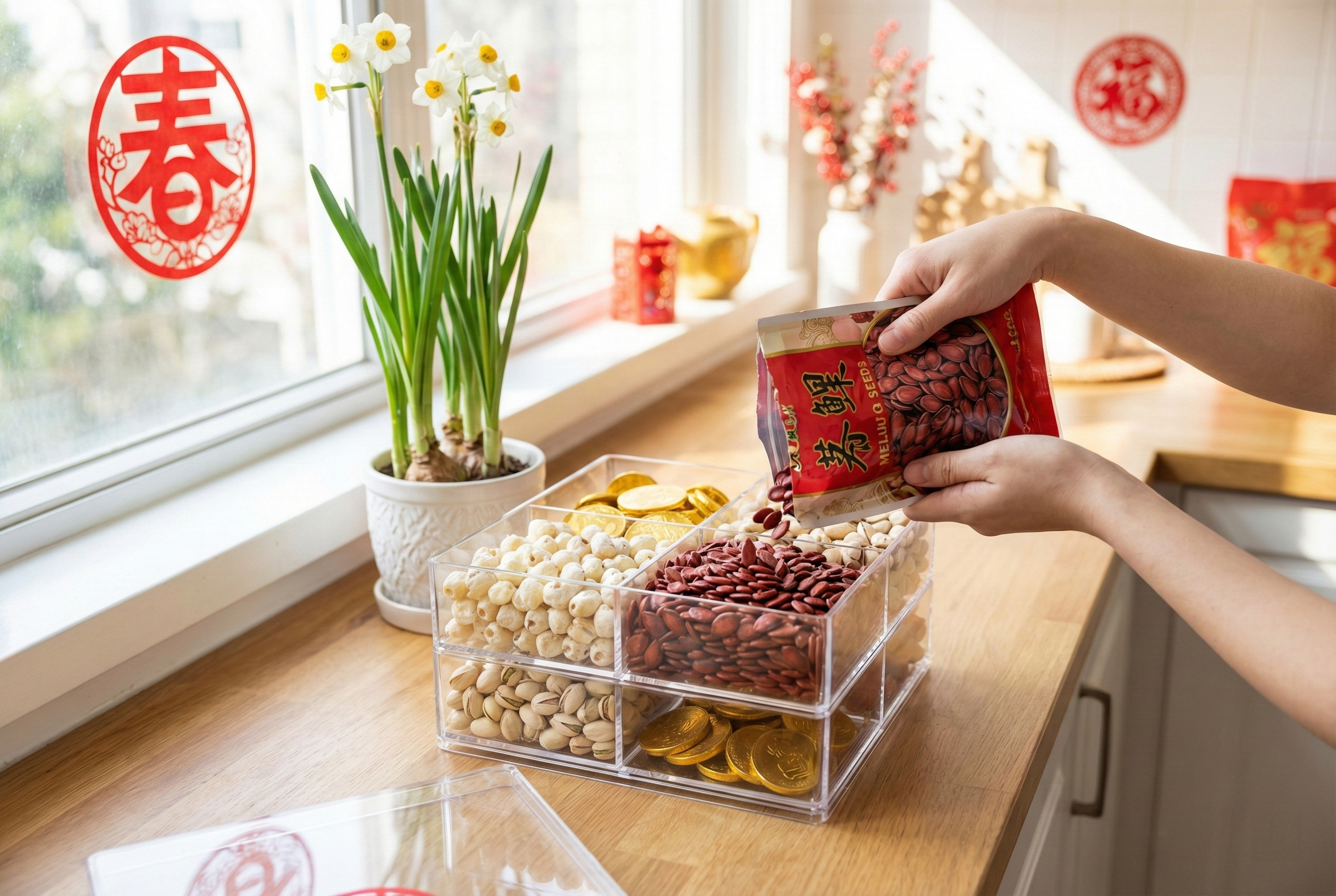 全盒必放紅瓜子，象徵抓錢招財，帶來新年財運亨通與好兆頭。