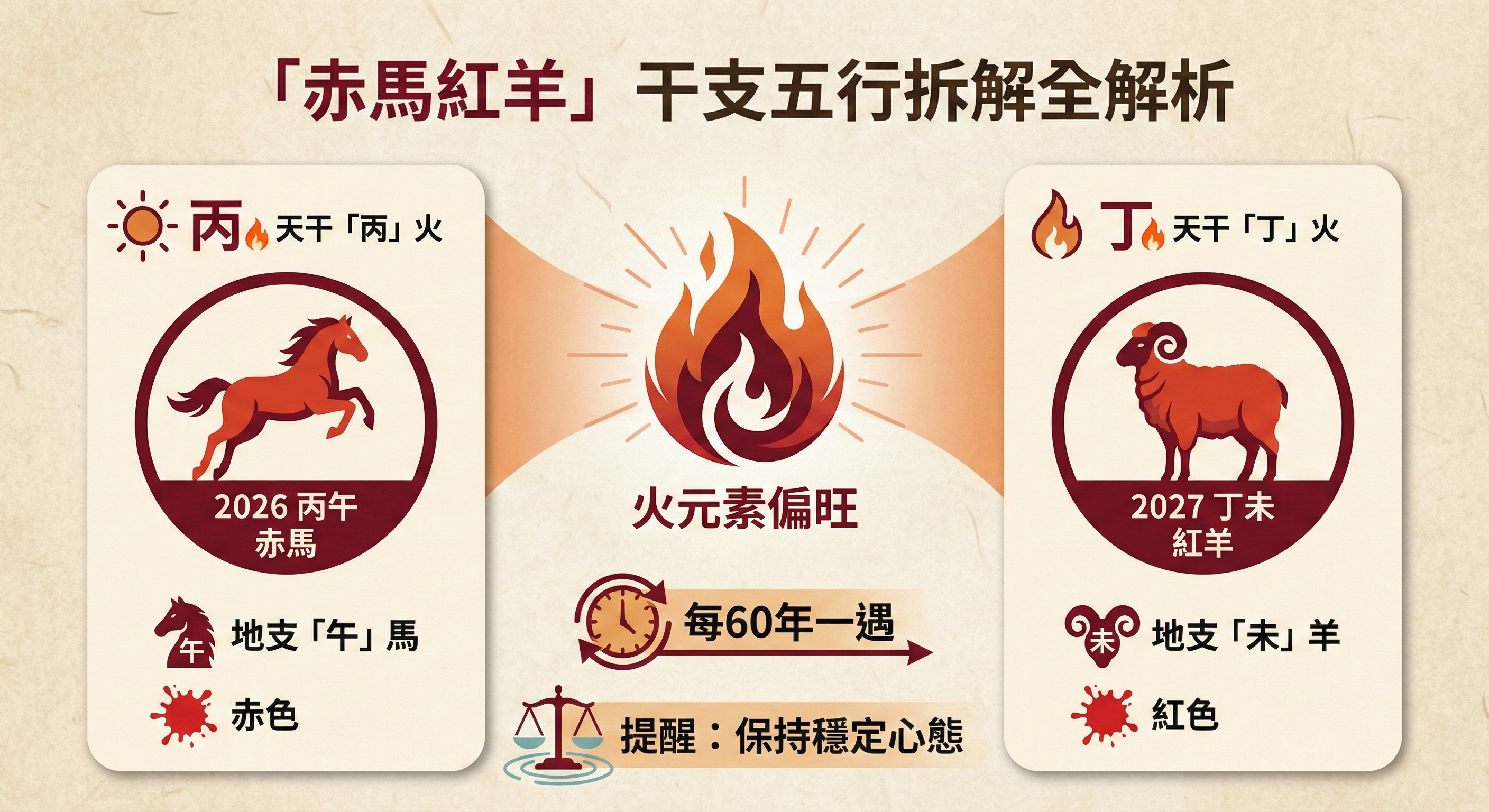 2026-2027年赤馬紅羊劫干支拆解圖，詳細標示丙午年（赤馬）與丁未年（紅羊）的五行屬火屬性、顏色對應與生肖年份關係。 