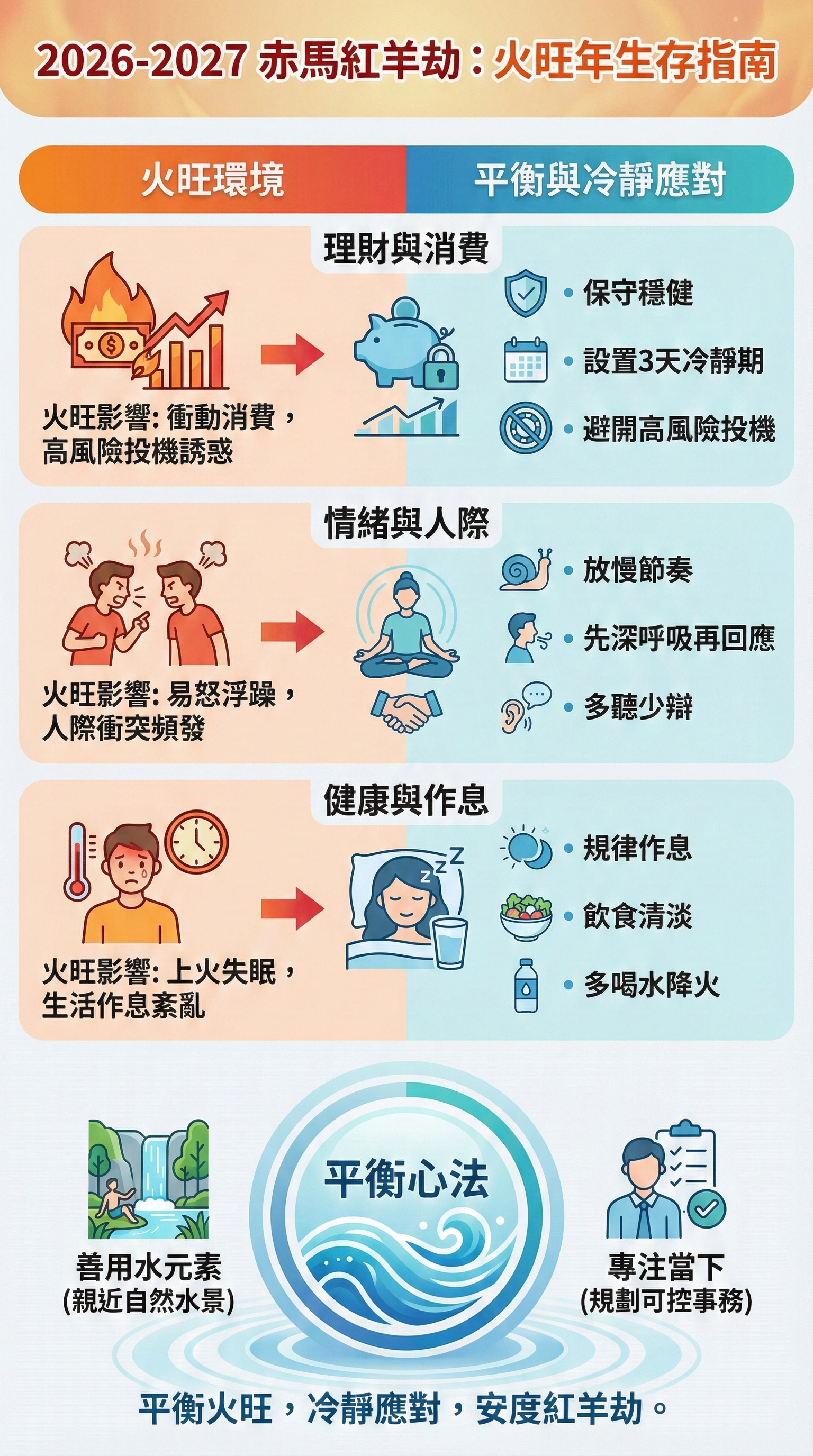 2026-2027赤馬紅羊劫生存指南資訊圖，涵蓋理財穩健、情緒管理、健康作息及水元素平衡化解方法，幫助讀者應對火旺年生活變動。