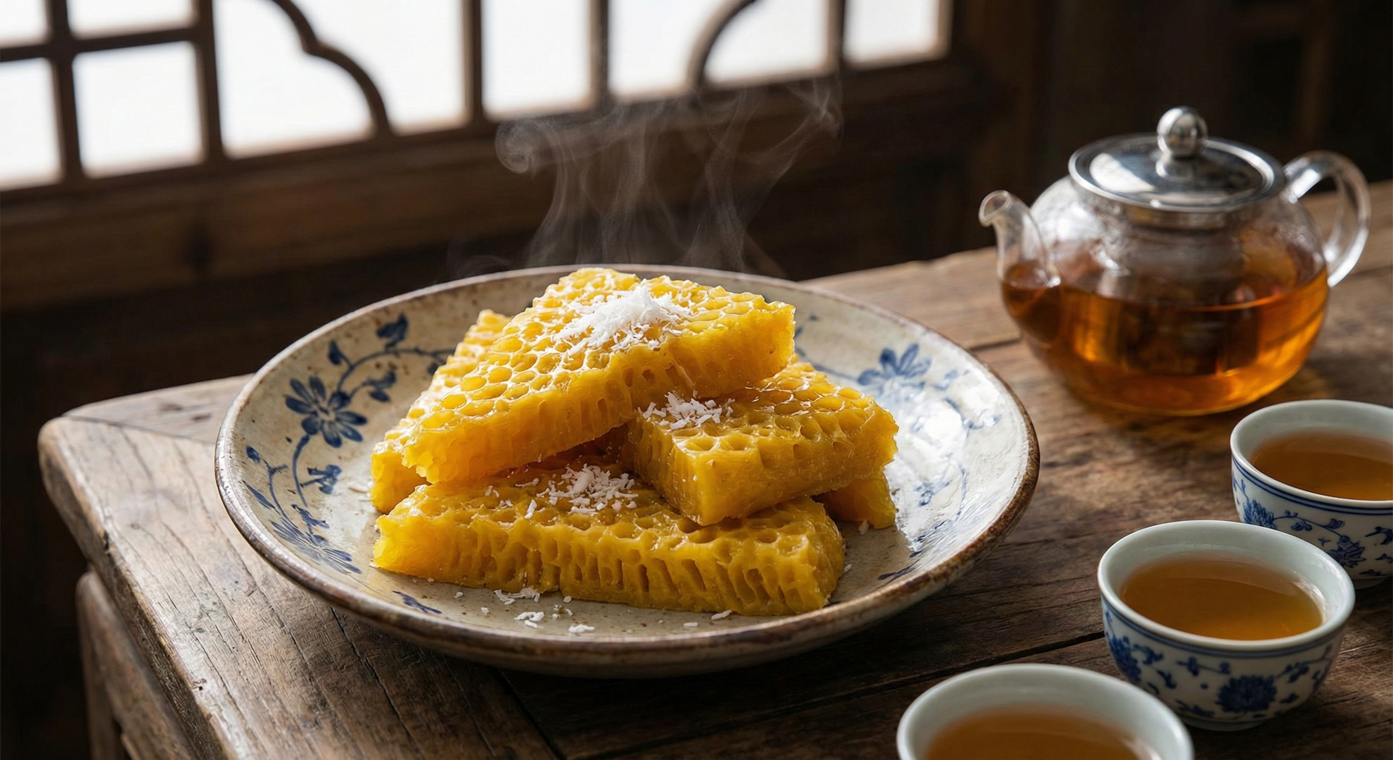 黃金糕最特別的特徵，就是切開後橫切面那整齊排列的垂直氣孔，這被形象地稱為「魚翅紋」或「蜂巢紋」。