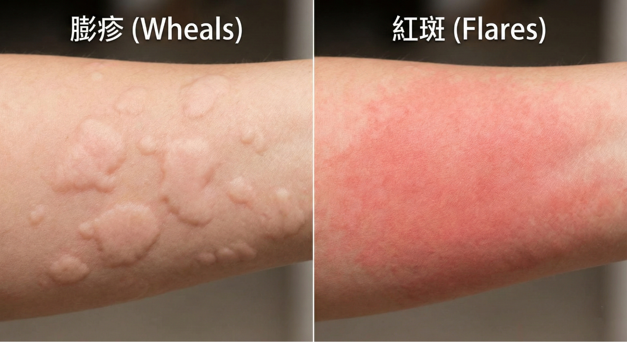 組織胺引起的膨疹和紅斑。資料來源：¹² 《Urticaria – an overview》 DermNet® https://dermnetnz.org/topics/urticaria-an-overview 2021 (Accessed Date Jan 2026) 