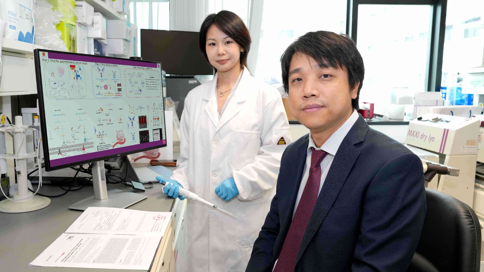 中大醫學院外科學系副教授王鑫博士（右）及副研究員羅添麗博士領導的團隊透過精準納米抗體-RIBOTAC平台，研發出針對胰臟癌致癌基因「miR-21」的雙重標靶治療方案，以阻斷胰管腺癌惡化，相信可進一步擴展應用至多種致癌基因和其他消化道腫瘤。