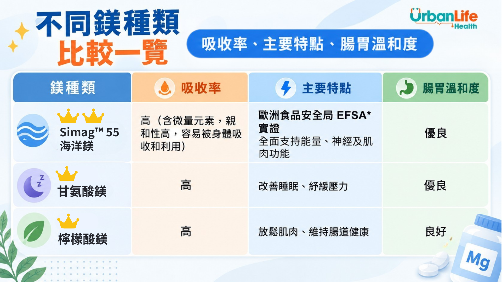 不同鎂種類比較一覽